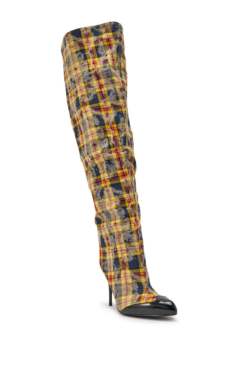AKIRA WANG LOCHANA MULTI YELLOW PLAID FLANNEL SEXY BOOT