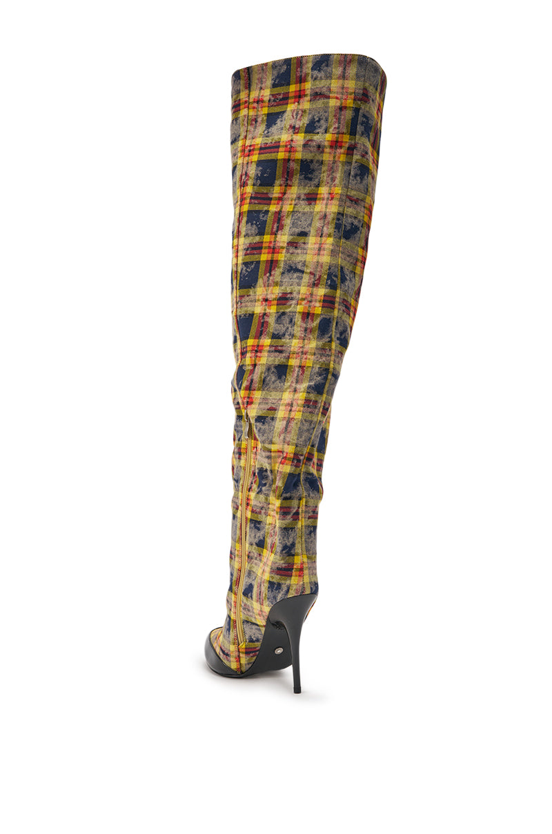 AKIRA WANG LOCHANA MULTI YELLOW PLAID FLANNEL SEXY BOOT