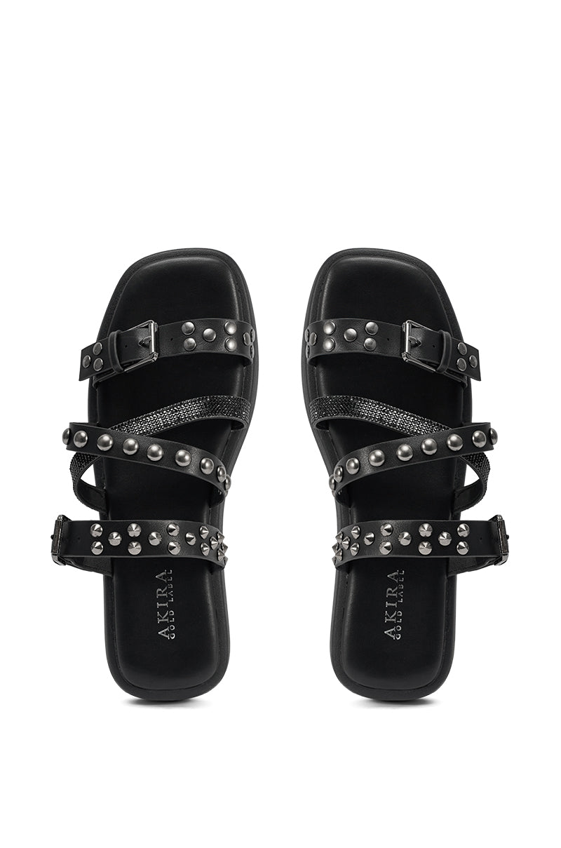 AKIRA GOLD MANNING BLACK HARDWARE EMBELLISHED FLAT SANDAL