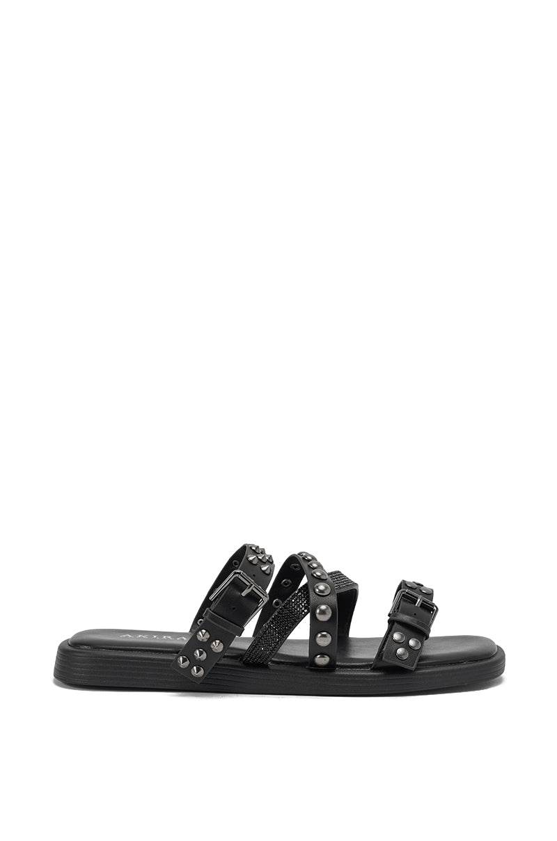 AKIRA GOLD MANNING BLACK HARDWARE EMBELLISHED FLAT SANDAL