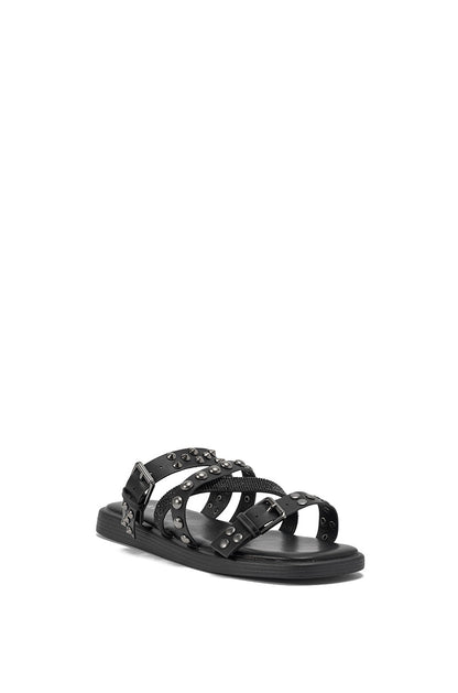 AKIRA GOLD MANNING BLACK HARDWARE EMBELLISHED FLAT SANDAL