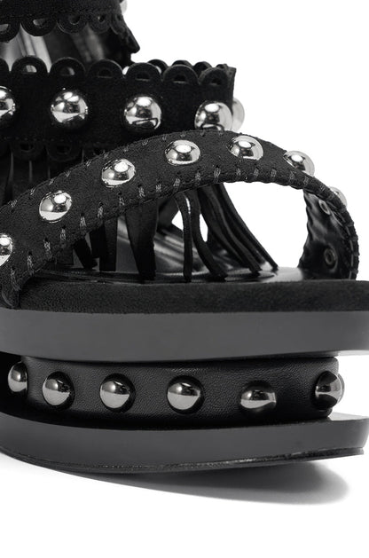 AKIRA GOLD MAROVA BLACK NOVELTY PLATFORM FRINGE EMBELLISHED SANDAL