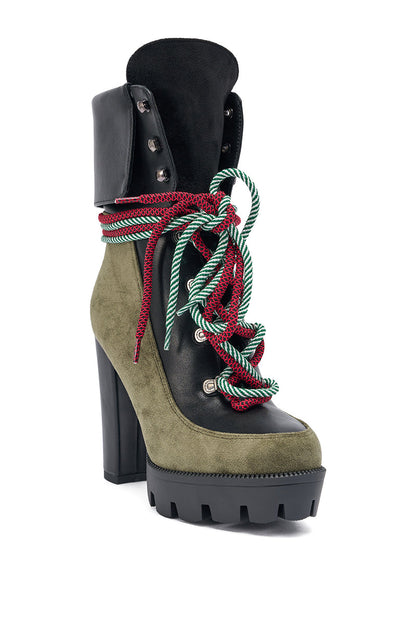 AKIRA GOLD MUFFLER GREENMULTI BLOCK HEEL BOOTIE