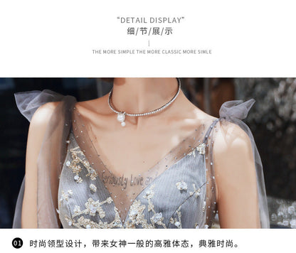 Customized V-neck Lace-up Elegant Sequined Wedding Party Dresses Fairy Slim Waist Mesh Tiered Prom Dress Elegant Temperament Eve