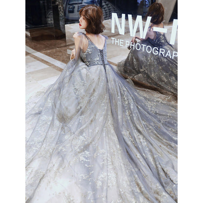 Customized V-neck Lace-up Elegant Sequined Wedding Party Dresses Fairy Slim Waist Mesh Tiered Prom Dress Elegant Temperament Eve