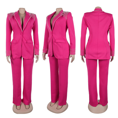 CM.YAYA Fashion Pearl Splicing Women's Set Long Sleeve Blazer and Wide Leg Pants Suit 2024 Winter OL Fall Two 2 Piece Set Outfit