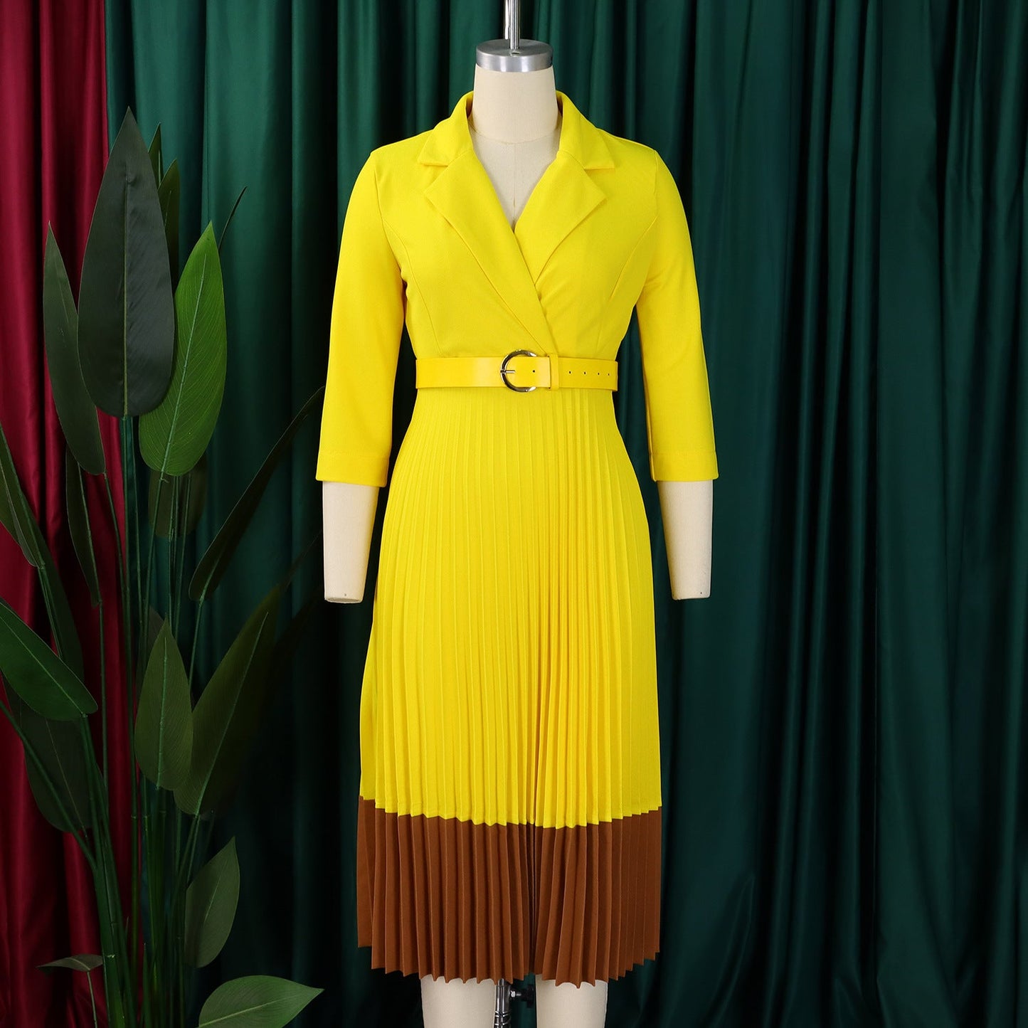 CM.YAYA Fashion Full Sleeve Notched Neck Solid High Waist Belt Dress Women Autumn Office Lady Pleated Long Africa Midi Dresses