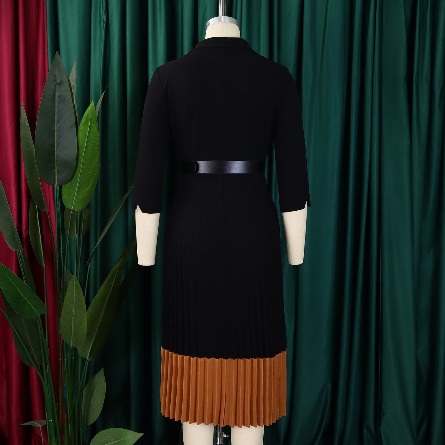 CM.YAYA Fashion Full Sleeve Notched Neck Solid High Waist Belt Dress Women Autumn Office Lady Pleated Long Africa Midi Dresses
