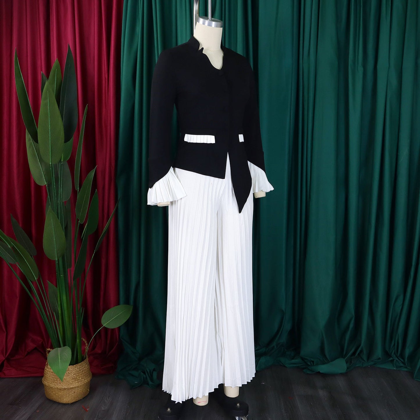 CM.YAYA Women's Set Full Flare Sleeve Button Blazer Shirt + Pleated Long Pants Suit Streetwear Two 2 Piece Set Africa OL Outfits