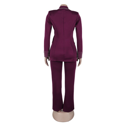 CM.YAYA Fashion Pearl Splicing Women's Set Long Sleeve Blazer and Wide Leg Pants Suit 2024 Winter OL Fall Two 2 Piece Set Outfit