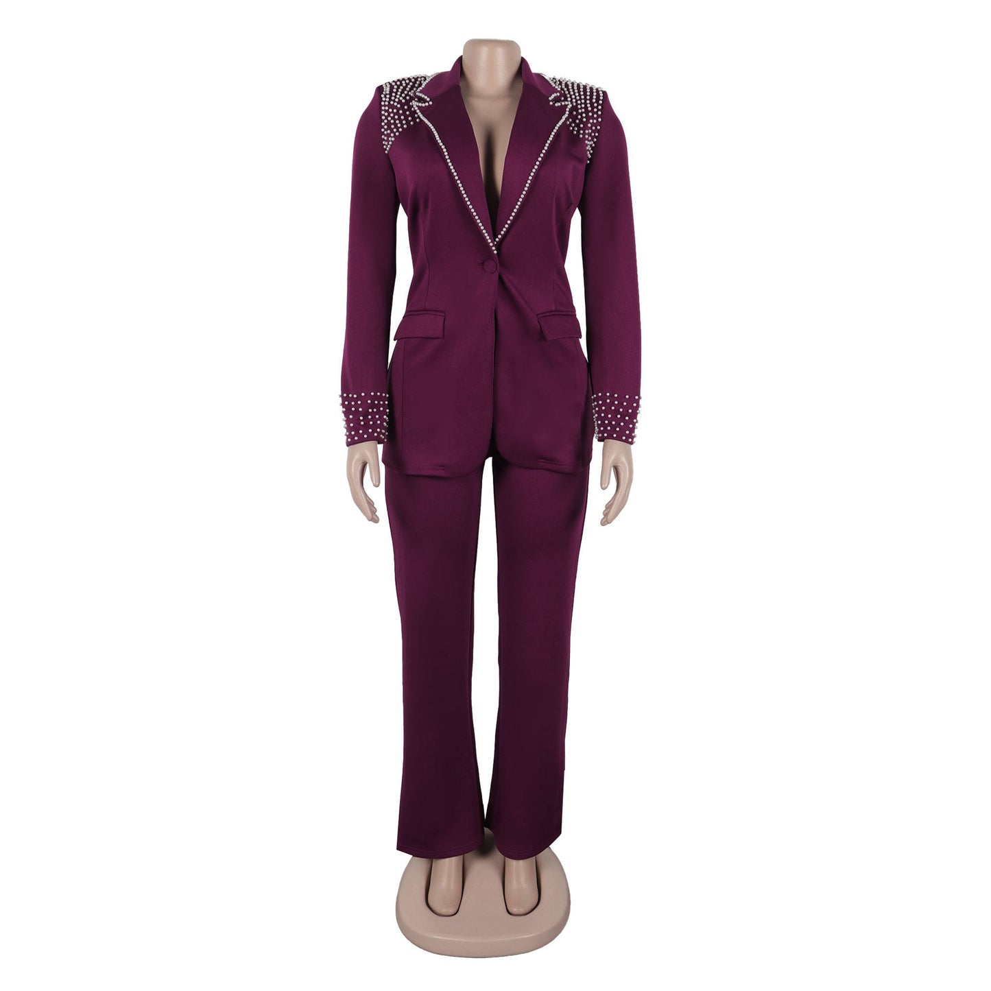CM.YAYA Fashion Pearl Splicing Women's Set Long Sleeve Blazer and Wide Leg Pants Suit 2024 Winter OL Fall Two 2 Piece Set Outfit