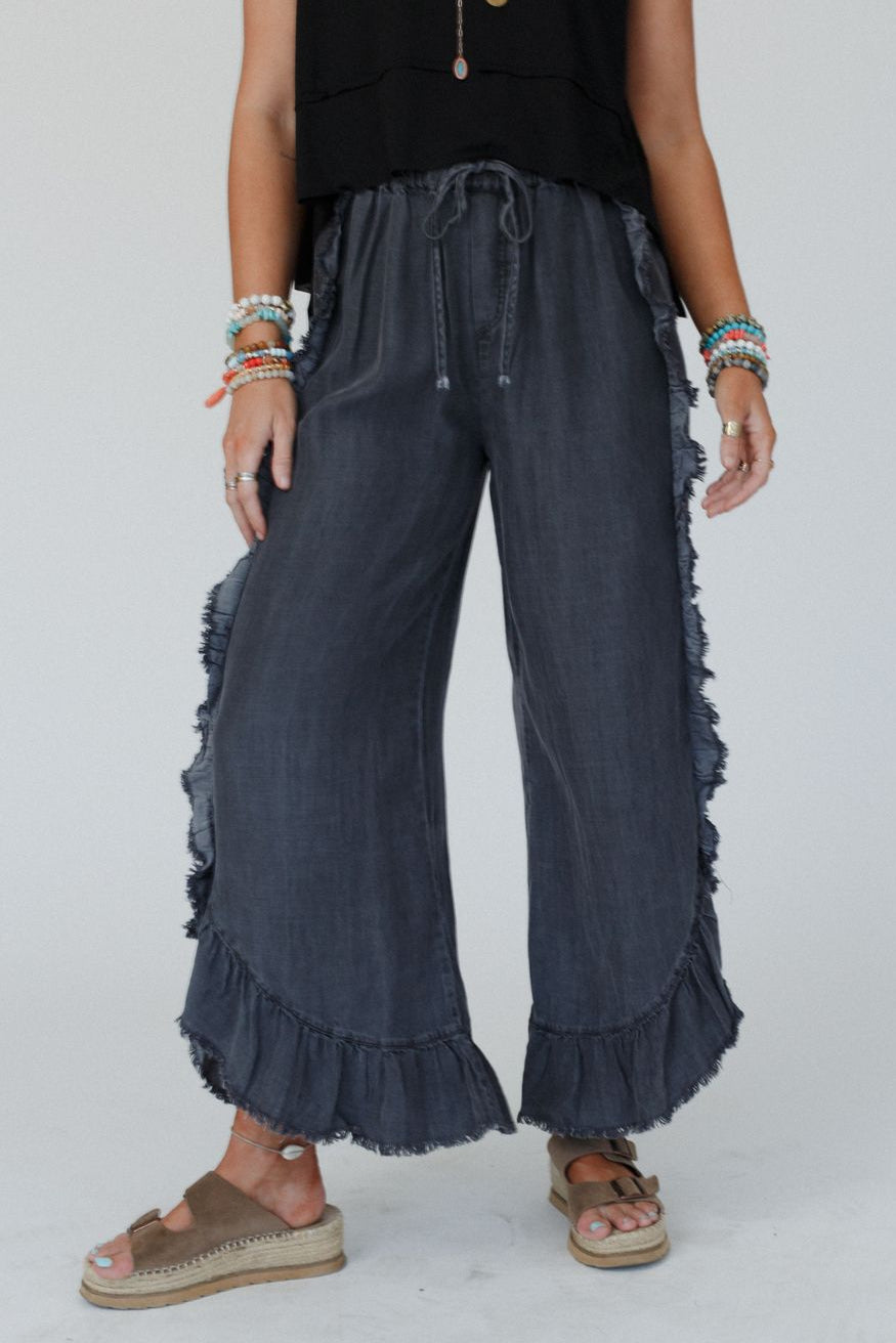 Drift Wave Ruffle Wide Leg Pants - Black - Pre Order