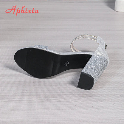 Aphixta Crystal Peep Toe Summer Sandal Luxury 10cm Square Heel Sandals Bling Silver High Heels Party Woman Shoes Pimp Size 43