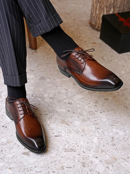 Men's Business Casual Shoes Distressed Wood Grain Square Toe Leather Derby Comfortable Office Wear Formal Dress Shoes Footwear