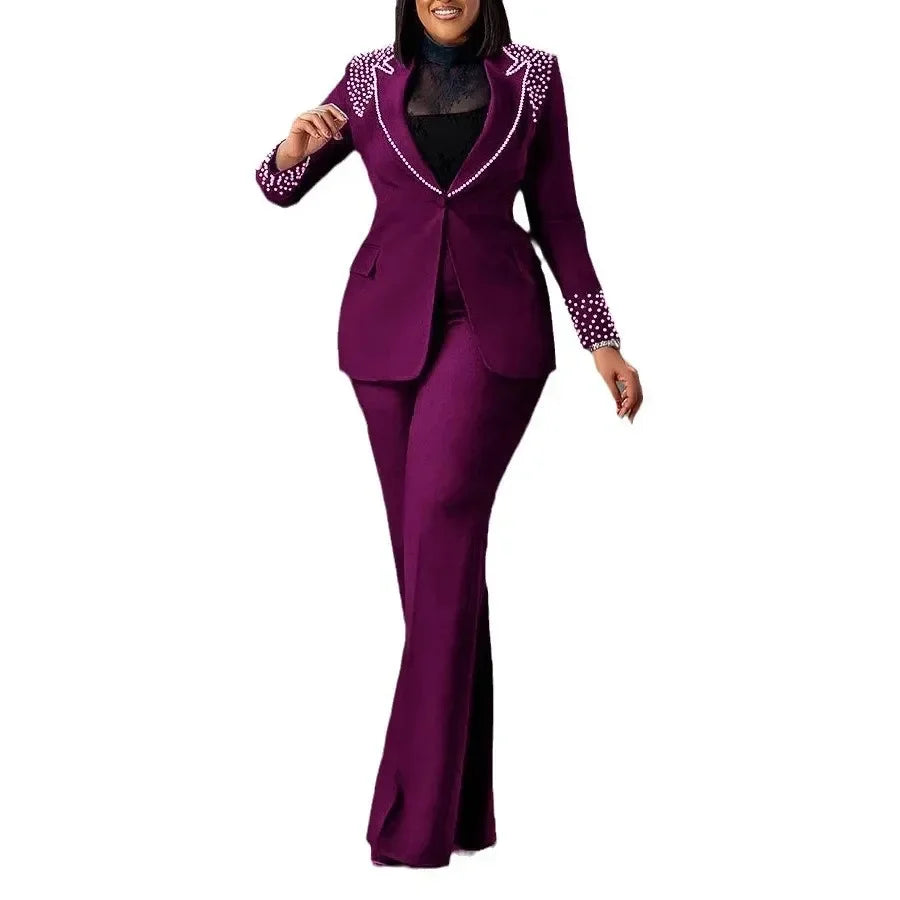 CM.YAYA Fashion Pearl Splicing Women's Set Long Sleeve Blazer and Wide Leg Pants Suit 2024 Winter OL Fall Two 2 Piece Set Outfit