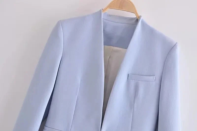 KONDALA Office Lady Light Blue Blazer Suits Women 2 Pieces V Neck Loose Jackets+High Waist Sashes Pants Fashion 2023 Autumn Sets