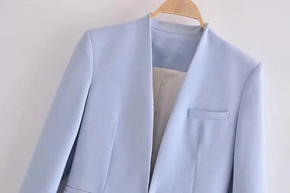 KONDALA Office Lady Light Blue Blazer Suits Women 2 Pieces V Neck Loose Jackets+High Waist Sashes Pants Fashion 2023 Autumn Sets