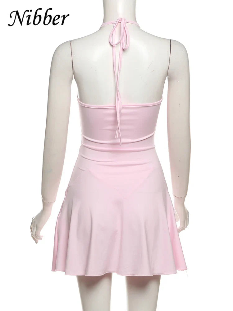 Nibber Halter Ruffles V-Neck Dress Women Backless Elegant Sexy Summer Fashion V-Neck Solid Birthday Party Clubwear Mini Bodycon