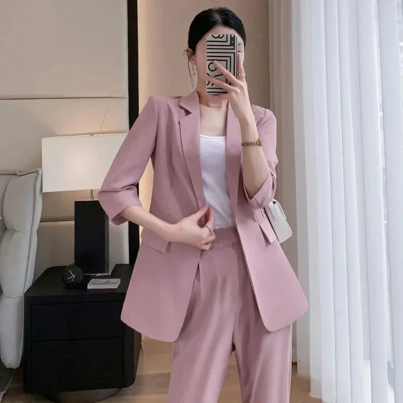Korean Office Lady Summer Work Thin Solid Slim Blazers Pants Two Piece Set Women's Proffession Uniform Coat Trousers Outfits