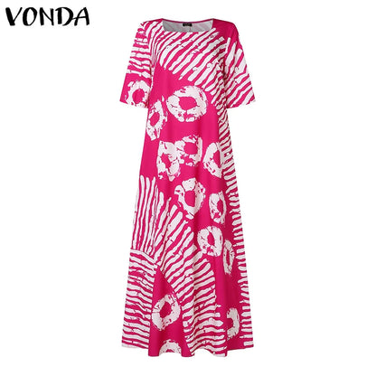 Plus Size VONDA Women Summer Party Maxi Dress Bohemian Printed Long Sundress Beach Vestidos 2025 Half Sleeve Casual Loose Robe