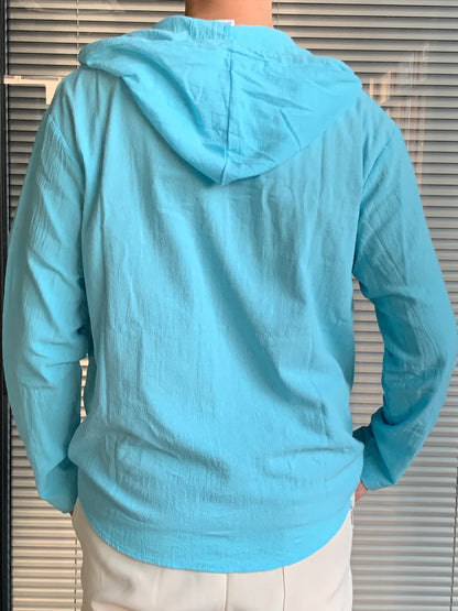Summer Men's Linen Shirt Solid Streetwear Long Sleeve Hoodie Cardigan Clothing For Men Button Tops Casual Loose Men Hooded Shirt