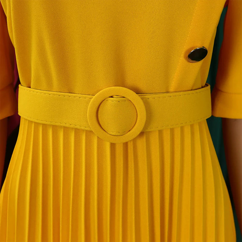 Elegant Office Pleated Dresses for Woman 2024 O Neck Buttons Belt Waisted Mid Calf Fashion Female Business Work Wear Dress Midi