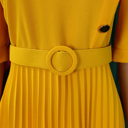 Elegant Office Pleated Dresses for Woman 2024 O Neck Buttons Belt Waisted Mid Calf Fashion Female Business Work Wear Dress Midi