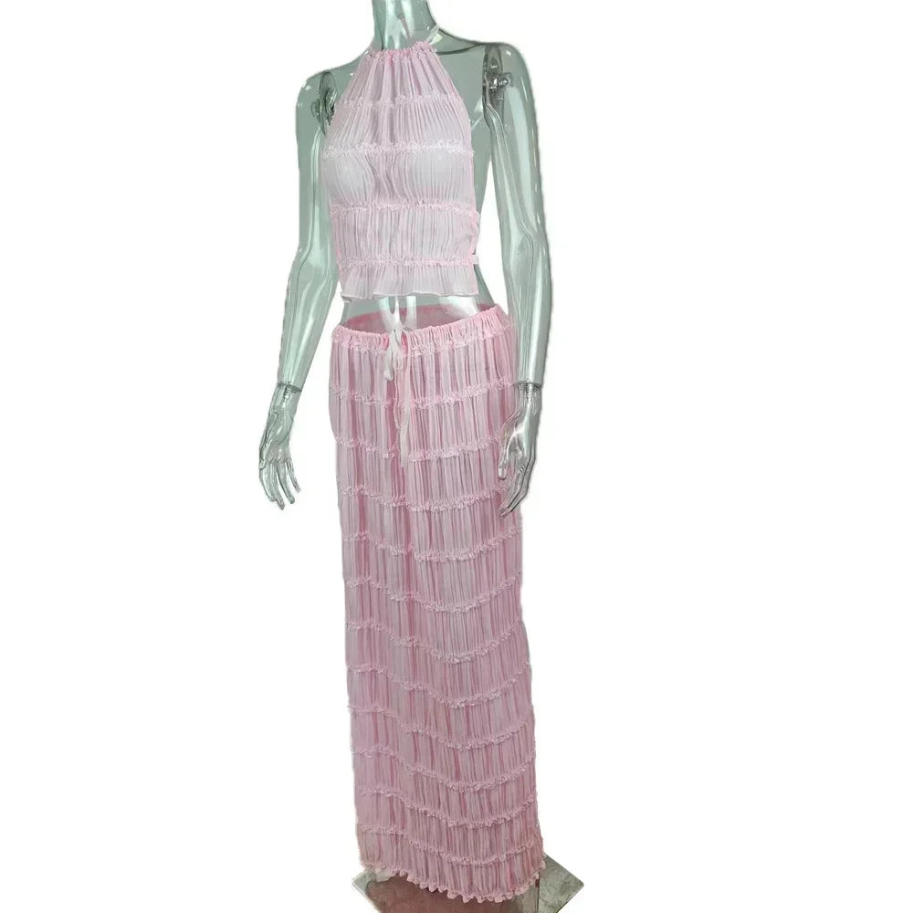 Beach Dresses Women 2024 Skirt Set Sleeveless Backless Cropped Halter Tops Drawstring Long Skirts Elegant Fashion 2 Piece Sets