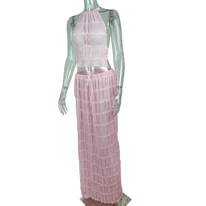 Beach Dresses Women 2024 Skirt Set Sleeveless Backless Cropped Halter Tops Drawstring Long Skirts Elegant Fashion 2 Piece Sets
