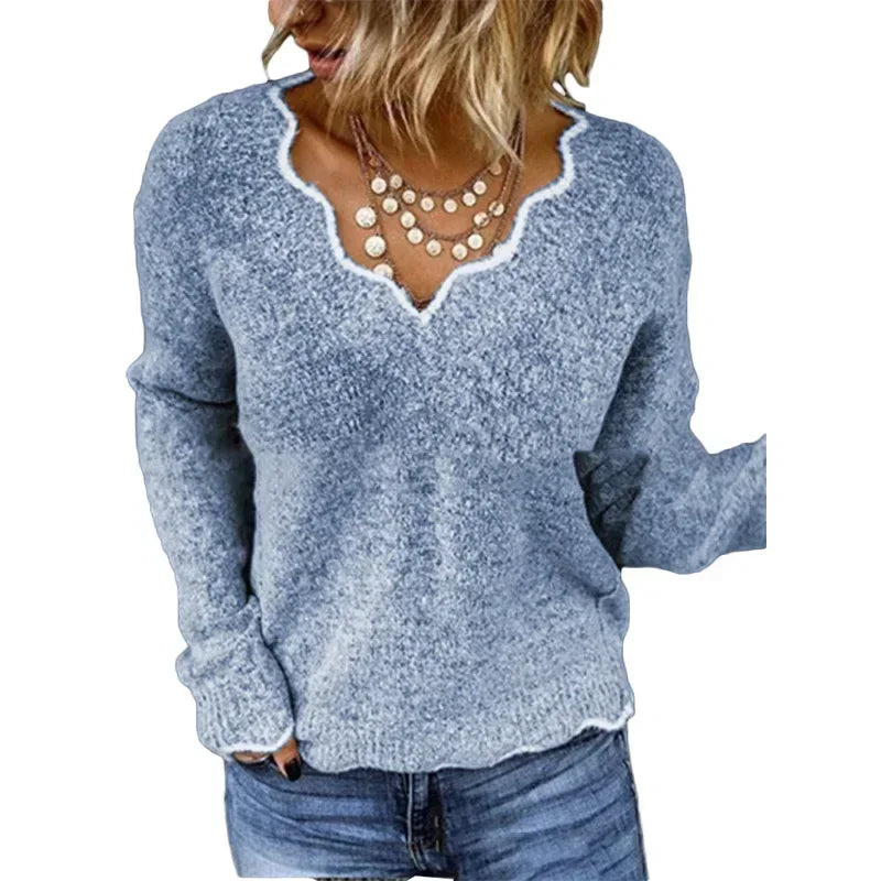 ALLUKASA 2025  Autumn Winter Women's Solid Color Long Sleeved V-neck Knitted Cute Pullover Sweater Loose