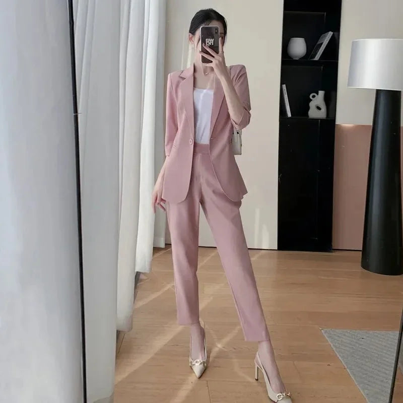 Korean Office Lady Summer Work Thin Solid Slim Blazers Pants Two Piece Set Women's Proffession Uniform Coat Trousers Outfits