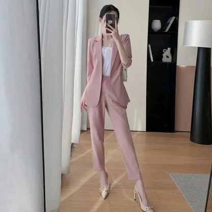 Korean Office Lady Summer Work Thin Solid Slim Blazers Pants Two Piece Set Women's Proffession Uniform Coat Trousers Outfits