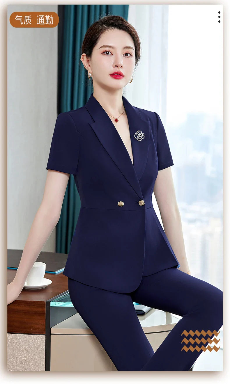 NAVIU Fashion Pink Short Sleeve Professional Suit Women New Summer Elegant Formal Slim Blazer And Pants Office Ladies Work Wear