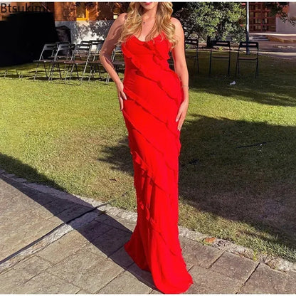 New 2026 Women's Ruffles Chiffon Maxi Dress Backlesss Split Sexy Porm Dress Red Long Summer Wedding Party Dress Elegant Vestidos