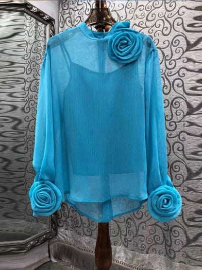 Spring Summer 2024 New Top For Women Two Pieces Design Three-dimensional Flowers Transparent Thin Chiffon Shirt Long Sleeve 4390