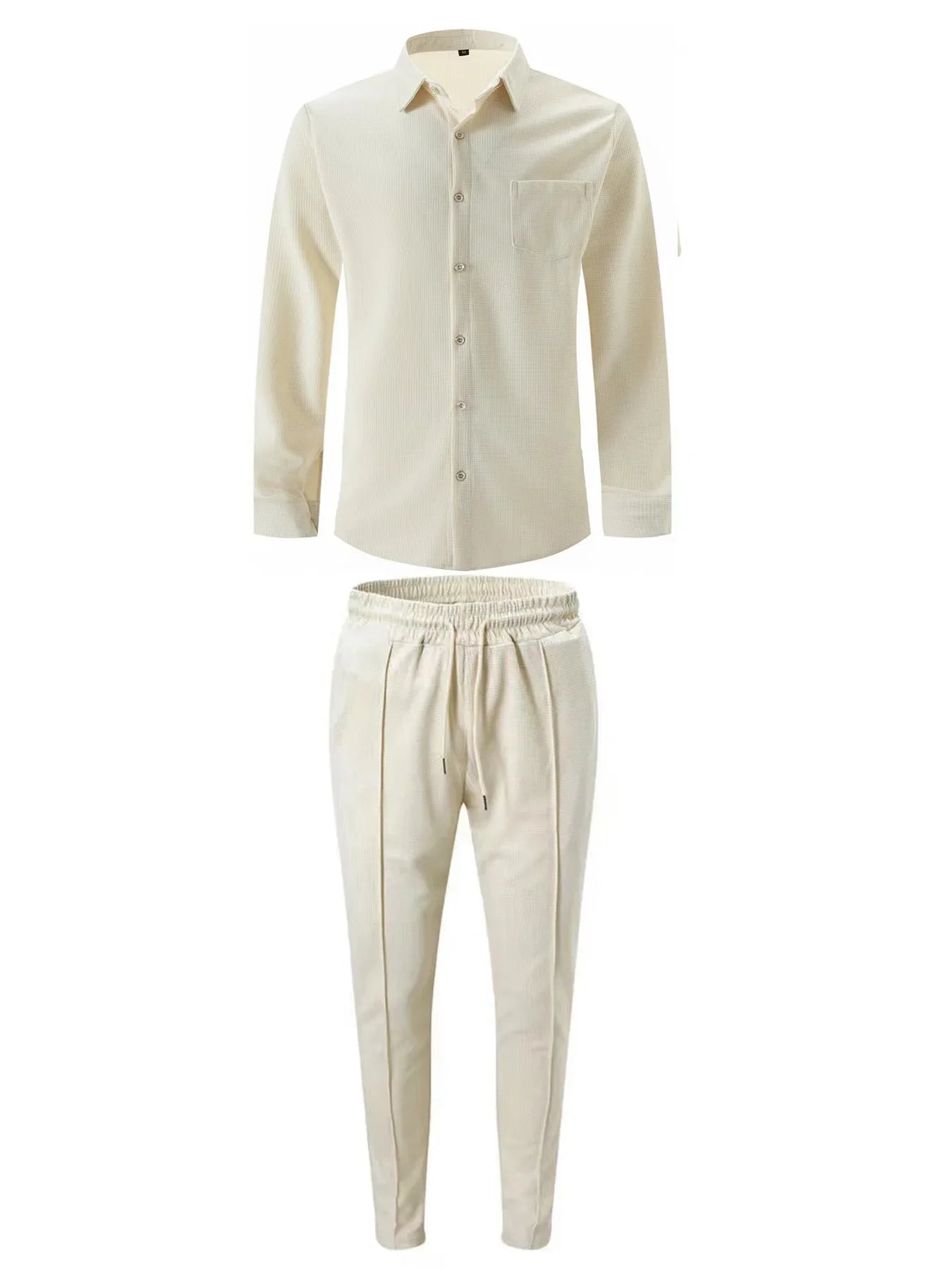 Spring and Autumn Men Waffle Solid Color Two-piece New Trend Lapel Long-sleeved Shirt and Trousers Casual Outdoor Sports Suit
