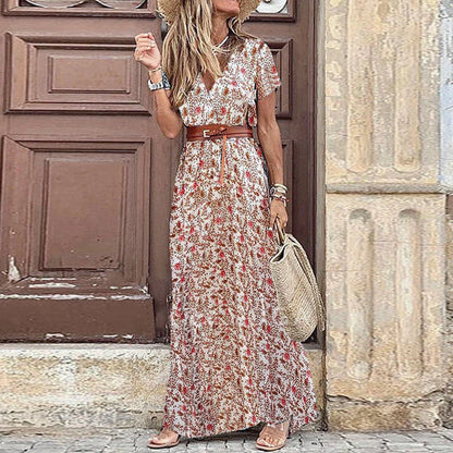 Elegant Floral Pleated H shaped Midi Dress Female V Neck Puff Sleeve Waist Ruched Button Dresses Women Summer Dress Robe