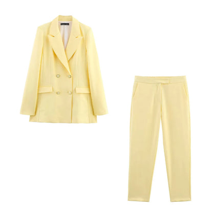 HH Women New Fashion Blazer Suit Lapel Double-Breasted Pocket Casual Coat+Chic High Waist Loose Zipper Slim Long Pants Suit