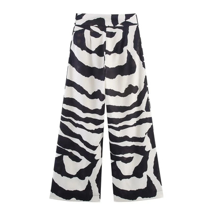 KONDALA Vintage Zebra Print Women Suits V Neck Oversized Long Blazer High Waist Wide Leg Pants Fashion 2025 Fall Streetwear Suit