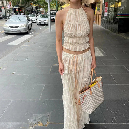 Beach Dresses Women 2024 Skirt Set Sleeveless Backless Cropped Halter Tops Drawstring Long Skirts Elegant Fashion 2 Piece Sets