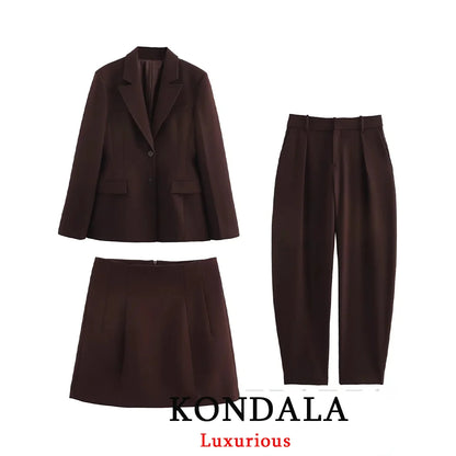 KONDALA Chic Casual Solid Women Suit Pockets Button Blazer Straight Loose Pants Zipper Skirt New Fashion 2025 Autumn Winter Sets