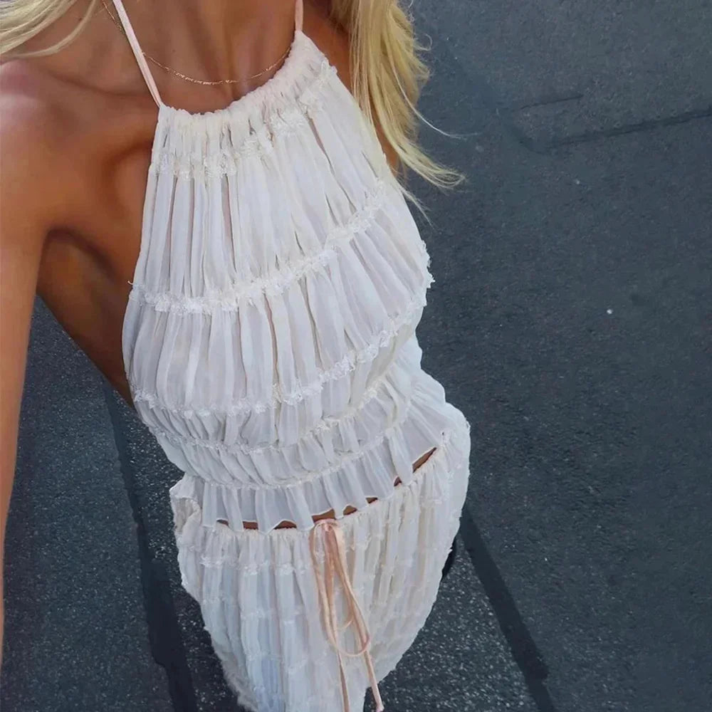 Beach Dresses Women 2024 Skirt Set Sleeveless Backless Cropped Halter Tops Drawstring Long Skirts Elegant Fashion 2 Piece Sets