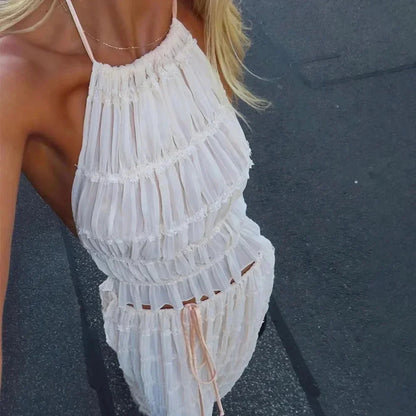 Beach Dresses Women 2024 Skirt Set Sleeveless Backless Cropped Halter Tops Drawstring Long Skirts Elegant Fashion 2 Piece Sets