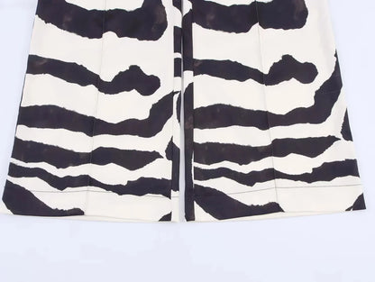 KONDALA Vintage Zebra Print Women Suits V Neck Oversized Long Blazer High Waist Wide Leg Pants Fashion 2025 Fall Streetwear Suit