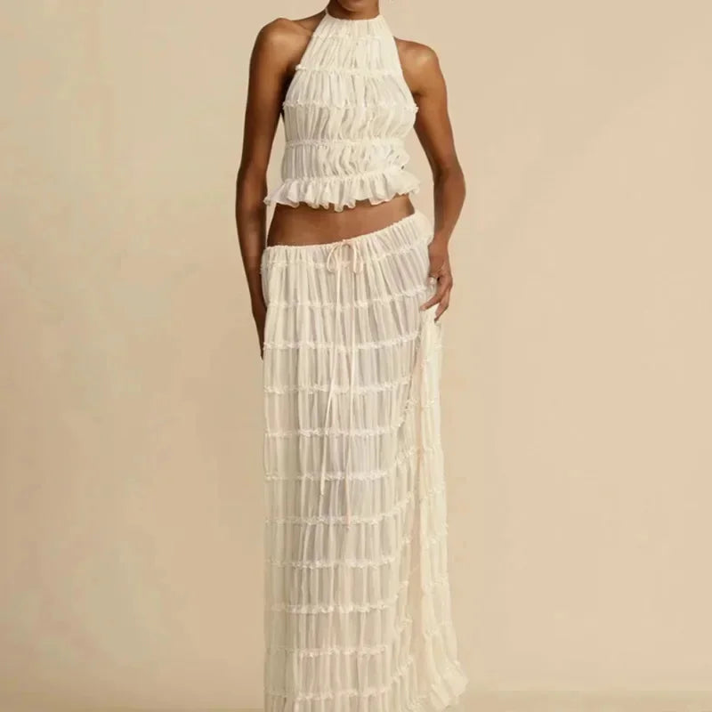 Beach Dresses Women 2024 Skirt Set Sleeveless Backless Cropped Halter Tops Drawstring Long Skirts Elegant Fashion 2 Piece Sets