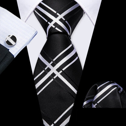 Barry.Wang Black White Gray Silver Silk Men Tie Handkerchief Cufflinks Set Jacquard Necktie for Male Wedding Business Party Gift