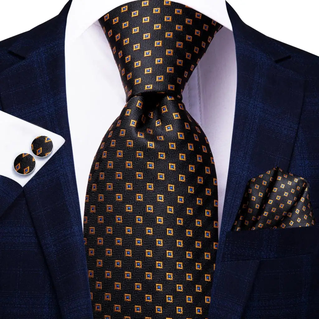 Hi-Tie Psialey Black Gold Silk Elegant Tie For Men Groom Wedding Men Necktie Pocket Square Cufflink Accessory Wholesale Designer