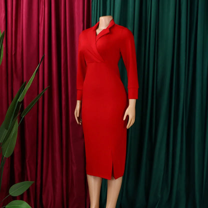 Elegant Bodycon Dresses for Women V Neck Full Sleeve Solid Sheath Package Hips Mid Calf Professional Business Work Dress Midi OL