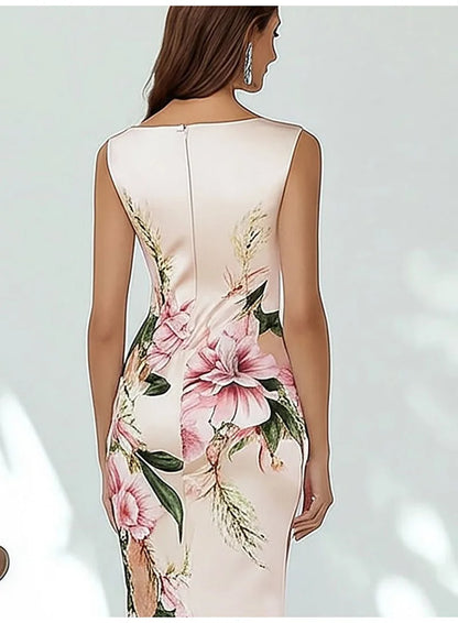 Sexy Bodycon Midi Dress Women 2025 Summer Sleeveless V-neck Slim Flower Print Dresses Elegant