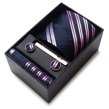 Tie Handkerchief Cufflink Set For Men Necktie Holiday Gift Box Blue Gold Suit Accessories Slim Wedding Gravatas